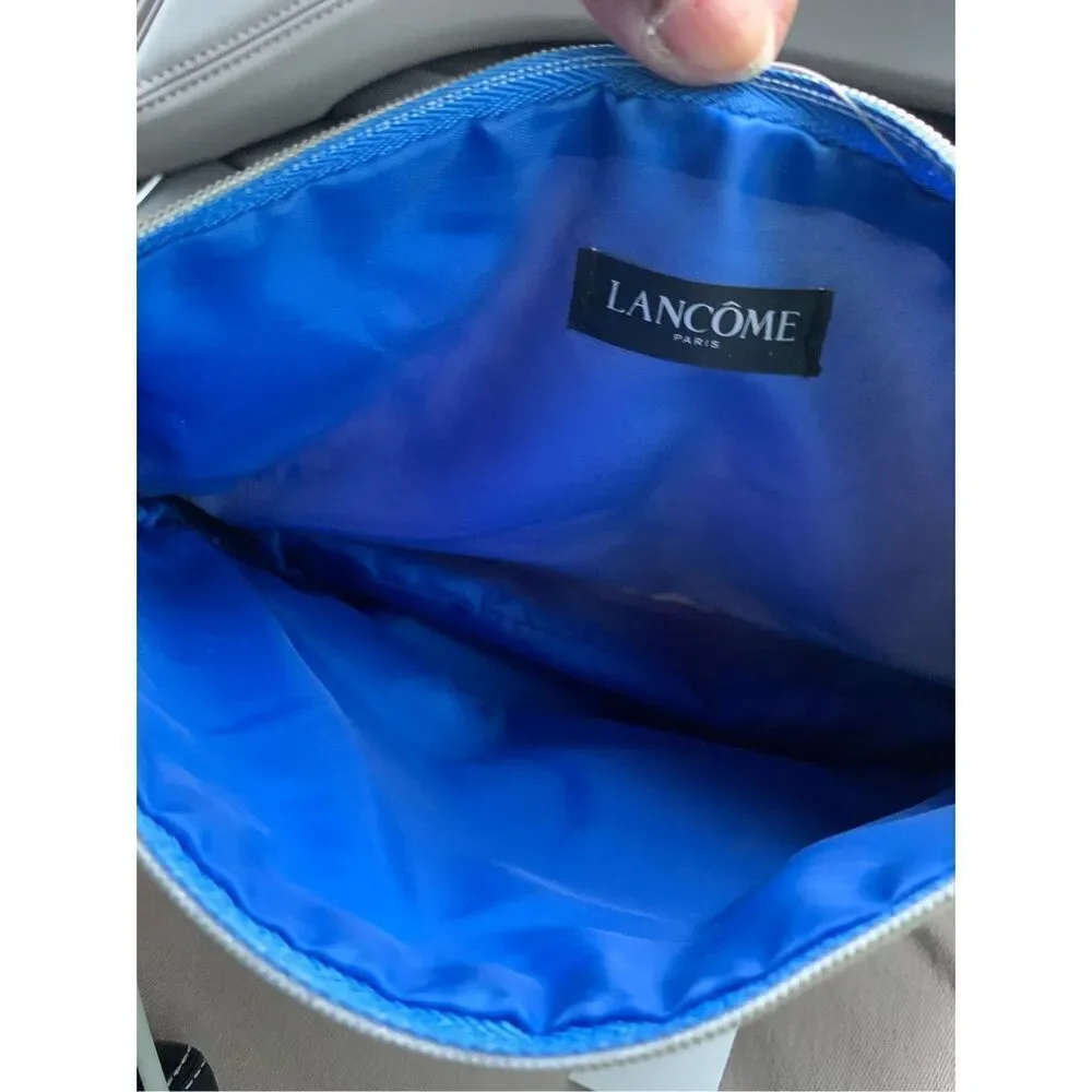 Lancôme Beige Canvas French Travel Pouch in Blue Stamps - Vintage Aesthetic